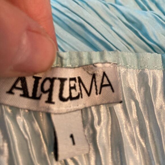 Alquema NWOT Aqua & green polka dot hand pleated midi dress w/pockets - Picture 9 of 15